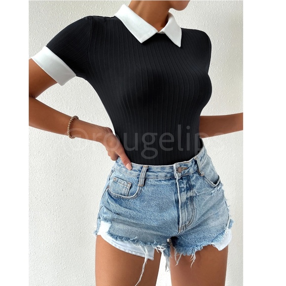 Contrast White Collar Black Rib-Knit Short Sleeve Bodysuit - Picture 4 of 8